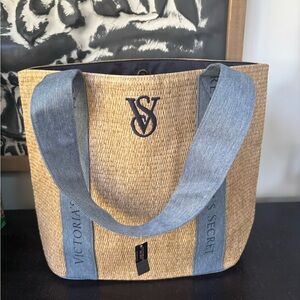 Victoria's Secret Tan Tote with Blue Handles